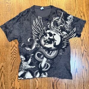 Point Zero Skull Snake All Over Print Graphic Tee Shirt Size Medium Gray Cropped